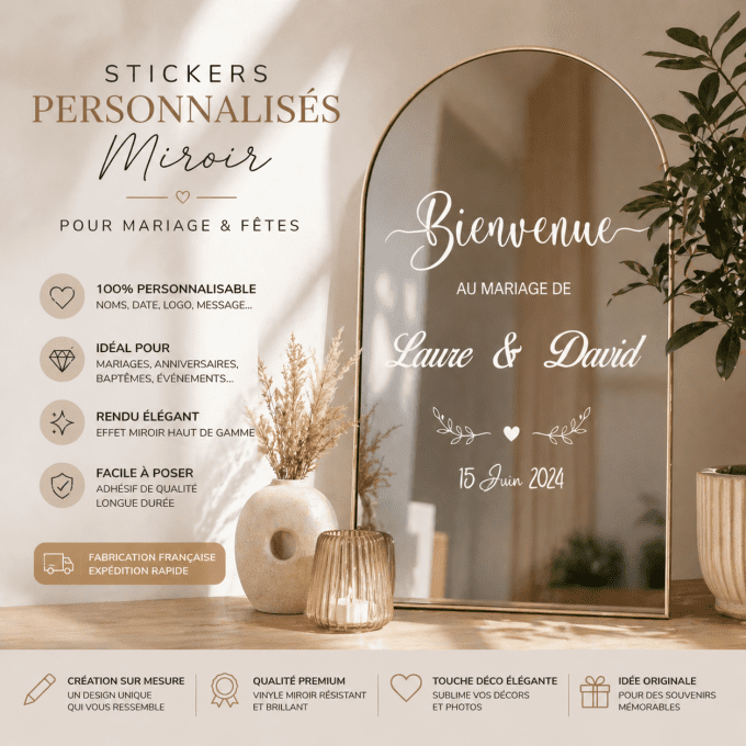 Sticker miroir mariage personnalisé | Décoration mariage prénom date | Vinyle miroir autocollant