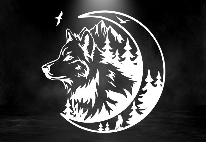 Sticker Mural Loup & Lune - Autocollant Mur Décoration Nature