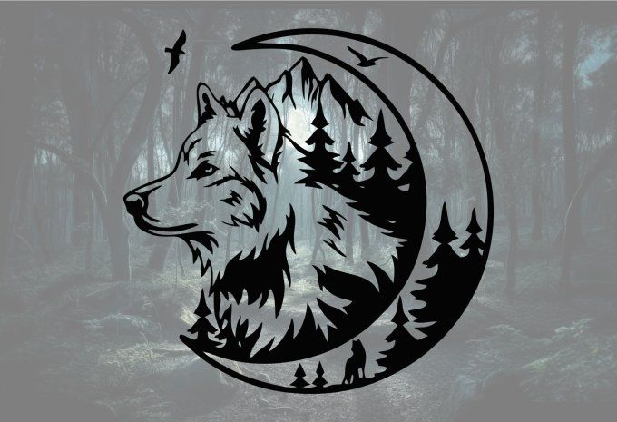 Sticker Mural Loup & Lune - Autocollant Mur Décoration Nature