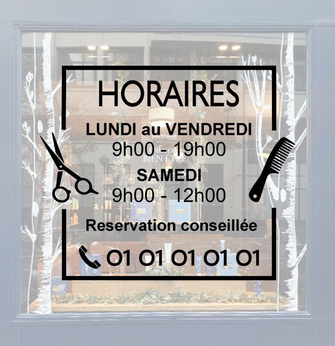 Sticker horaire vitrine , salon de coiffure