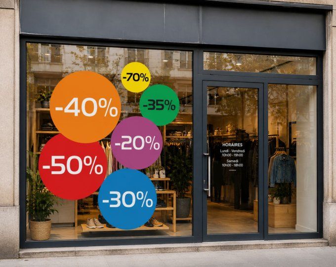 Sticker Soldes Vitrine Magasin - Pastille Promo Adhésive Personnalisable - Autocollant Remise %