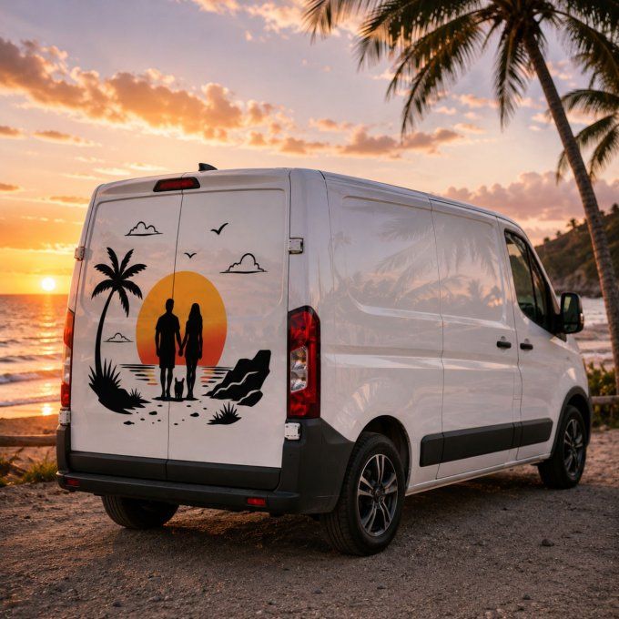Sticker Voyage & Vanlife – Couple, Chien et Coucher de Soleil