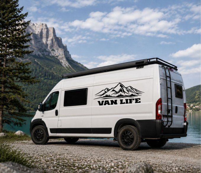 Sticker VAN LIFE avec montagnes posé sur le côté d'un van aménagé blanc au bord d'un lac de mont