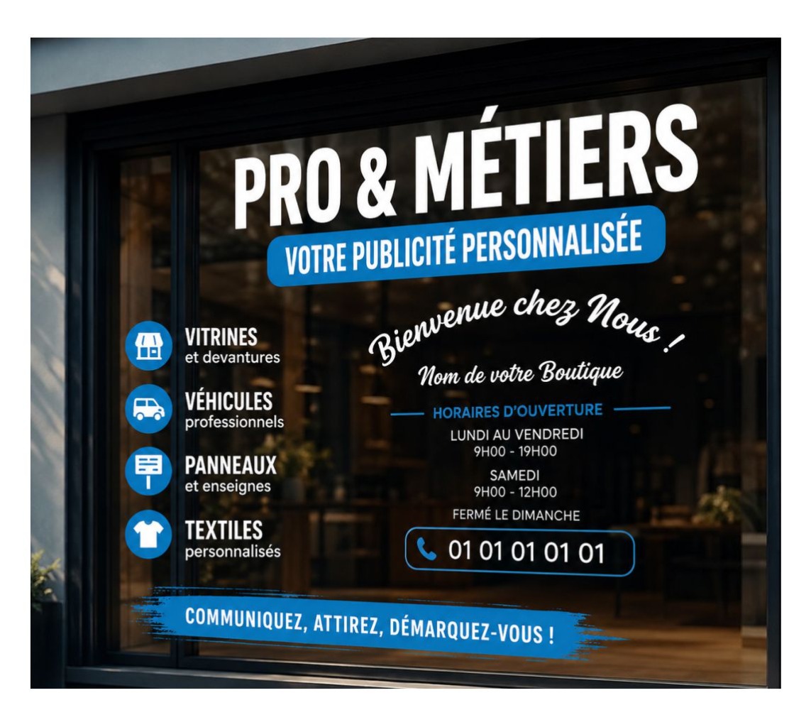 Donnez de la visibilité à votre entreprise grâce à nos stickers, vitrines, panneaux et solutions publicitaires personnalisées.